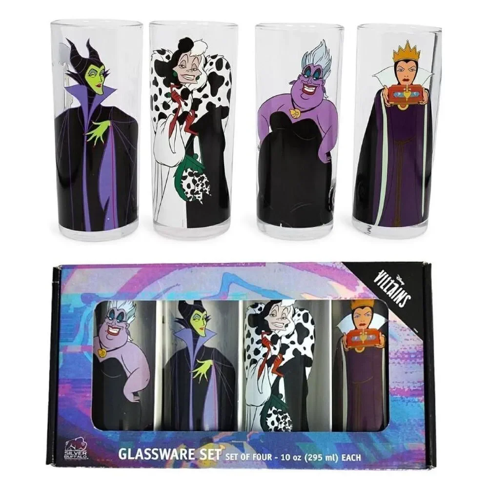 Disney‎ Villains Characters Prints 10oz Tumbler Glassware Set of 4 NWT